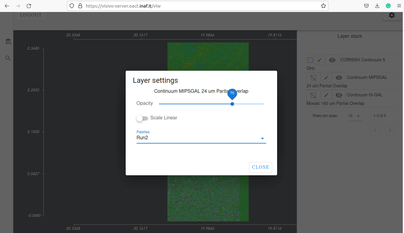 Dialog for changing opacity and palette of the selected image layer
